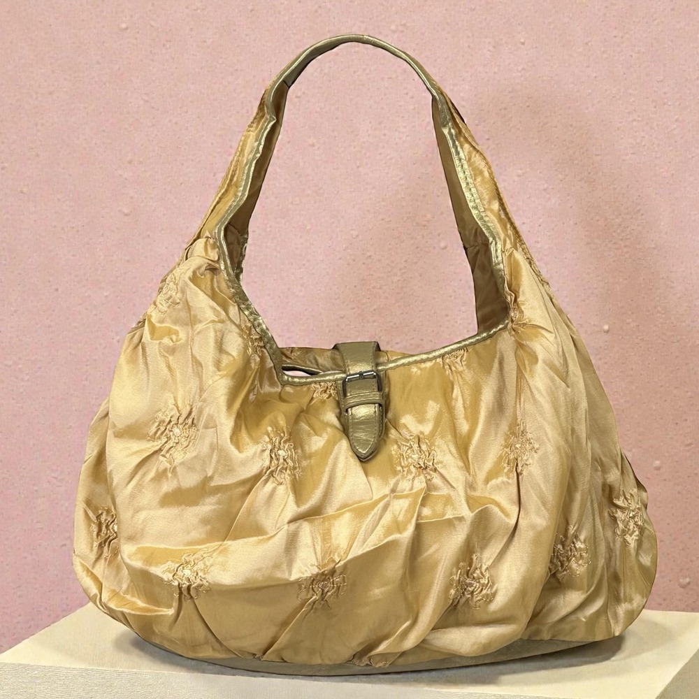 NWT Chateau Shoulder Bag Womens Gold Satin Hobo Purse Ruched‎ Metallic Evening